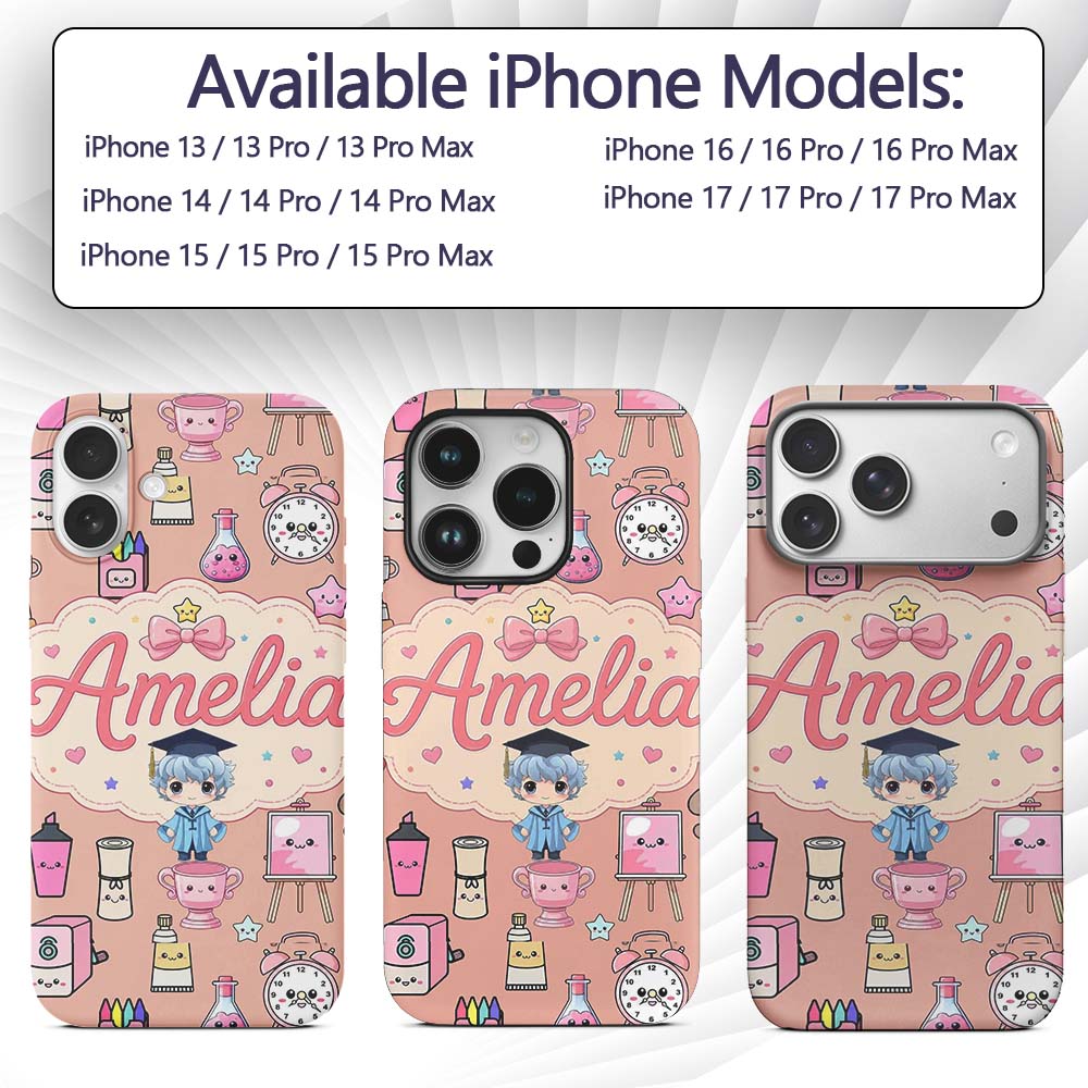 Cute Kawaii Graduate Boy Science Art Supplies Custom Name Protective Phone Case Mobile Cover Durable Everyday Smartphone Shock Resistant