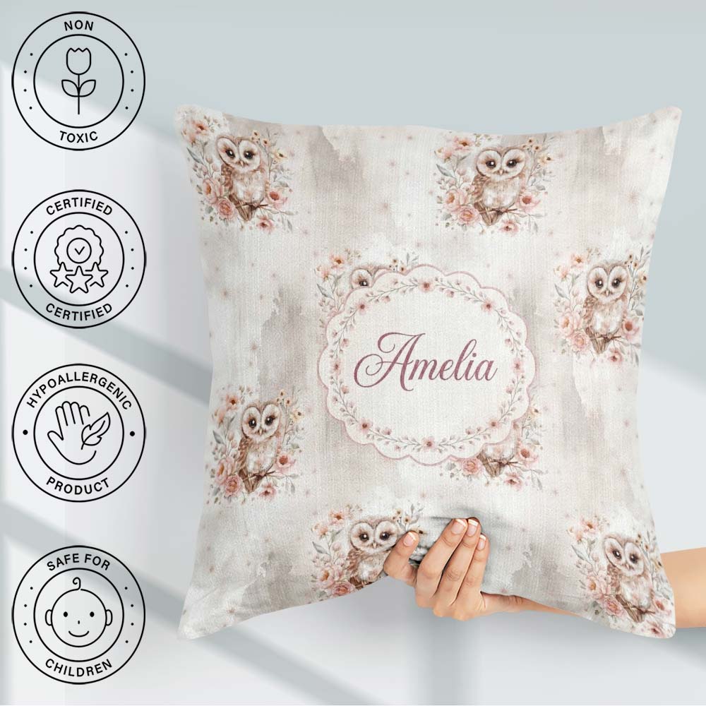 Custom Name Cute Owl Floral Pastel Nursery Seamless Pattern for Square Filled Cushion Throw Pillow Sofa Bed Home Decor Zip Washable UK Made