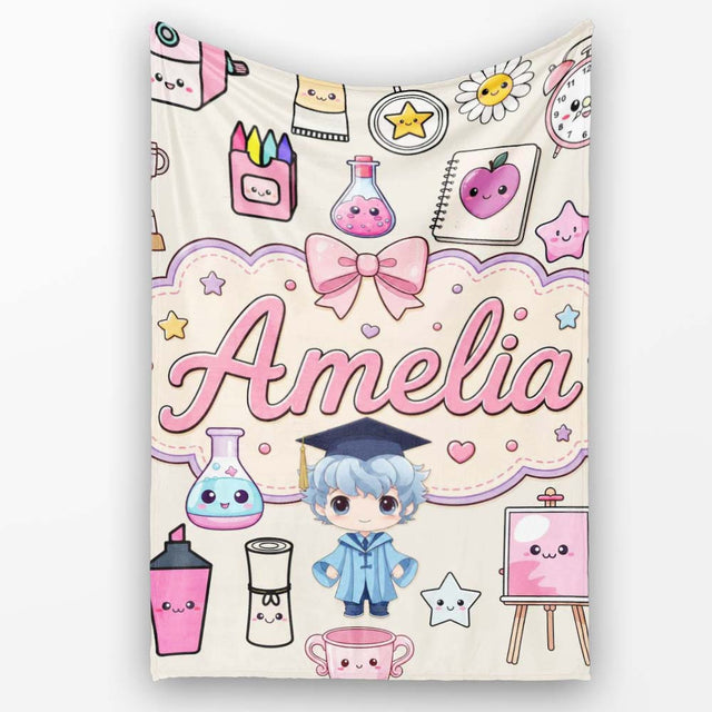 Cute Kawaii Graduate Boy Science Art Supplies Seamless Pattern Cream  Personalised Custom Name Super Soft Fleece Blanket Bed Sofa Throw