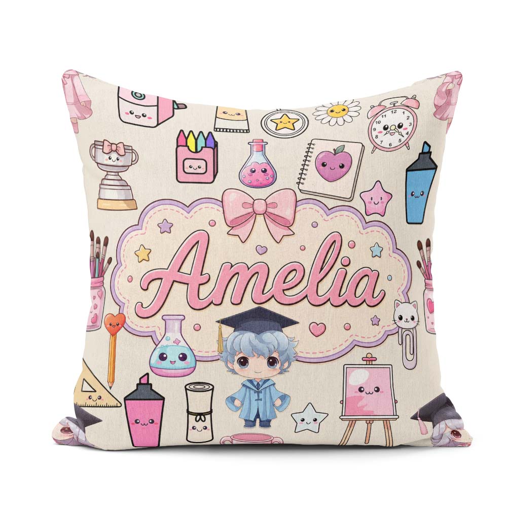 Custom Name Cute Kawaii Graduate Boy Art Supplies Seamless Cream Square Filled Cushion Throw Pillow Sofa Bed Home Decor Zip Washable UK Made