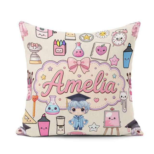 Custom Name Cute Kawaii Graduate Boy Art Supplies Seamless Cream Square Filled Cushion Throw Pillow Sofa Bed Home Decor Zip Washable UK Made