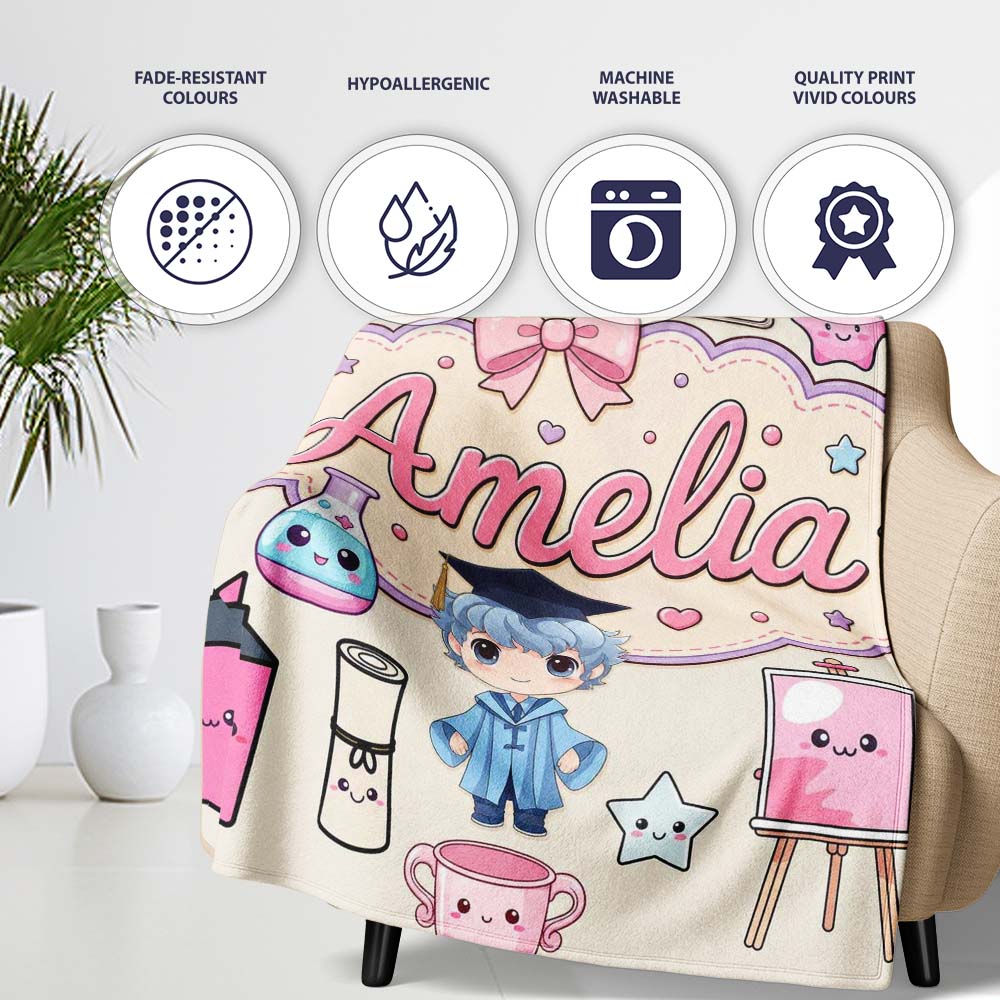 Cute Kawaii Graduate Boy Science Art Supplies Seamless Pattern Cream  Personalised Custom Name Super Soft Fleece Blanket Bed Sofa Throw