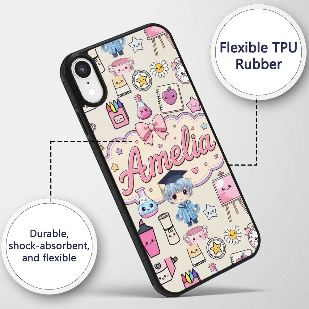 Cute Kawaii Graduate Boy Science Art Supplies Custom Name Protective Phone Case Mobile Cover Durable Everyday Smartphone Shock Resistant