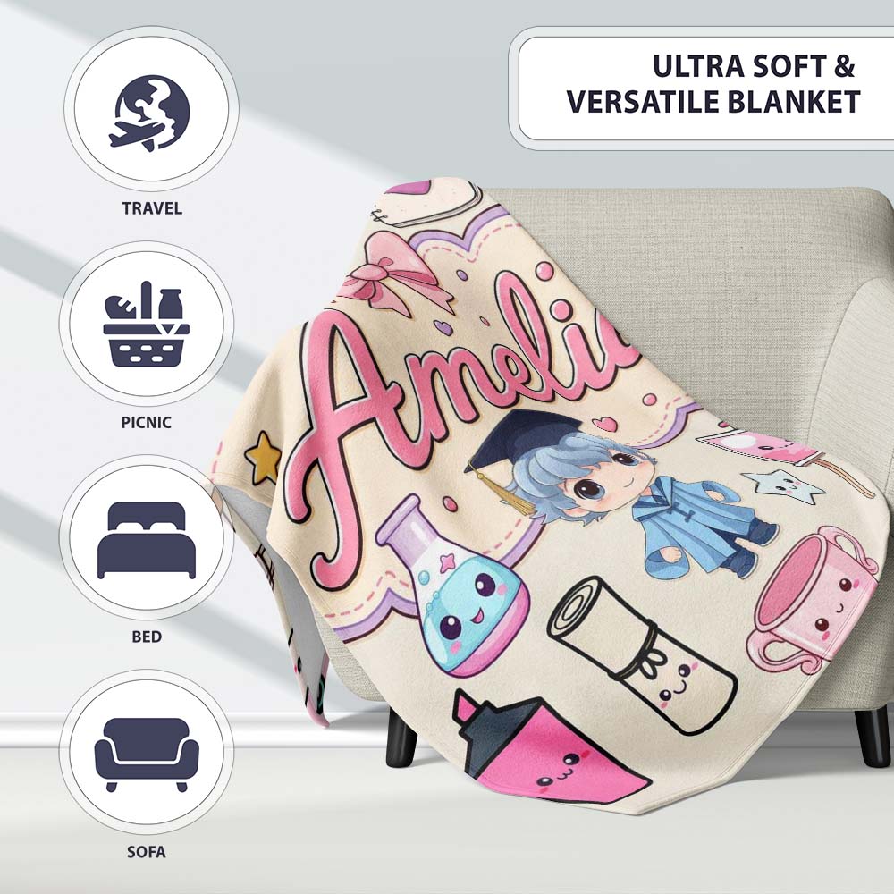 Cute Kawaii Graduate Boy Science Art Supplies Seamless Pattern Cream  Personalised Custom Name Super Soft Fleece Blanket Bed Sofa Throw