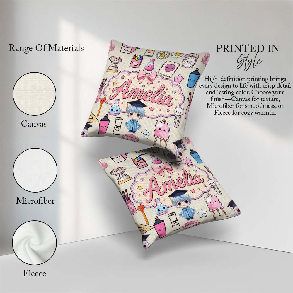 Custom Name Cute Kawaii Graduate Boy Art Supplies Seamless Cream Square Filled Cushion Throw Pillow Sofa Bed Home Decor Zip Washable UK Made