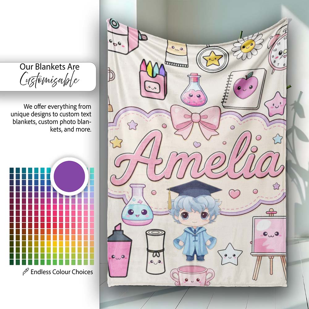 Cute Kawaii Graduate Boy Science Art Supplies Seamless Pattern Cream  Personalised Custom Name Super Soft Fleece Blanket Bed Sofa Throw