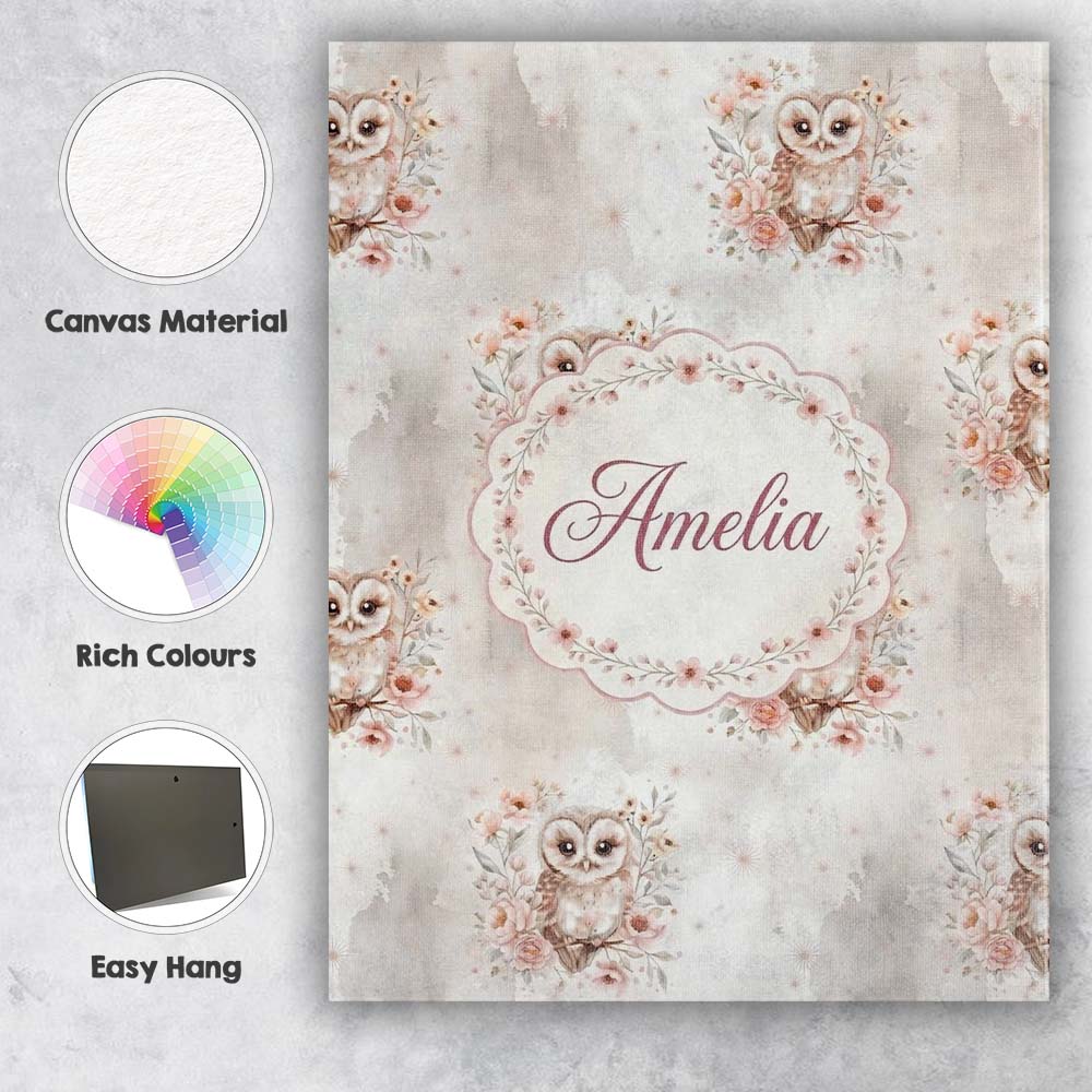 Personalised Name Cute Owl Floral Pastel Nursery Seamless Pattern Custom  Bespoke Canvas Wall Art Print Decor Picture Ready to Hang