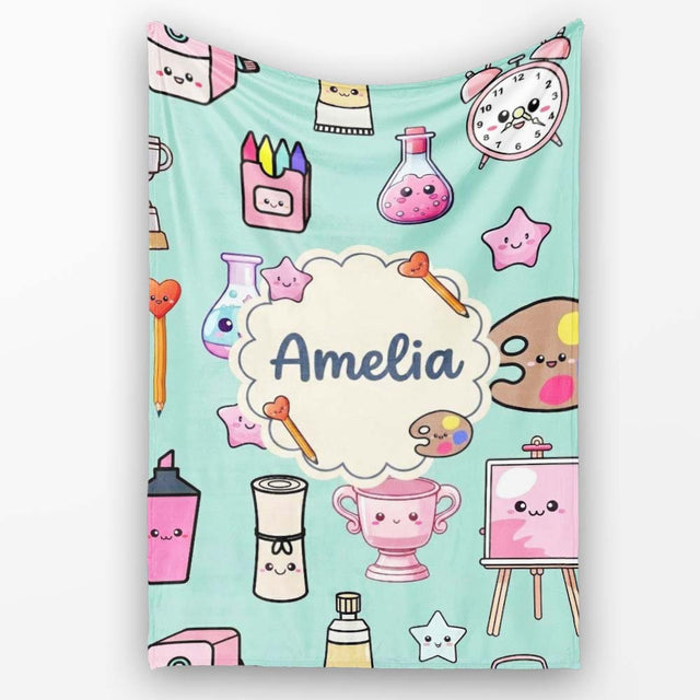 Cute Kawaii Graduate Boy Science Art Supplies Seamless Pattern Mint  Personalised Custom Name Super Soft Fleece Blanket Bed Sofa Throw