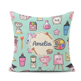 Custom Name Cute Graduate Boy Science Art Supplies Seamless Mint Square Filled Cushion Throw Pillow Sofa Bed Home Decor Zip Washable UK Made