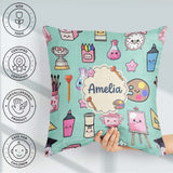Custom Name Cute Graduate Boy Science Art Supplies Seamless Mint Square Filled Cushion Throw Pillow Sofa Bed Home Decor Zip Washable UK Made