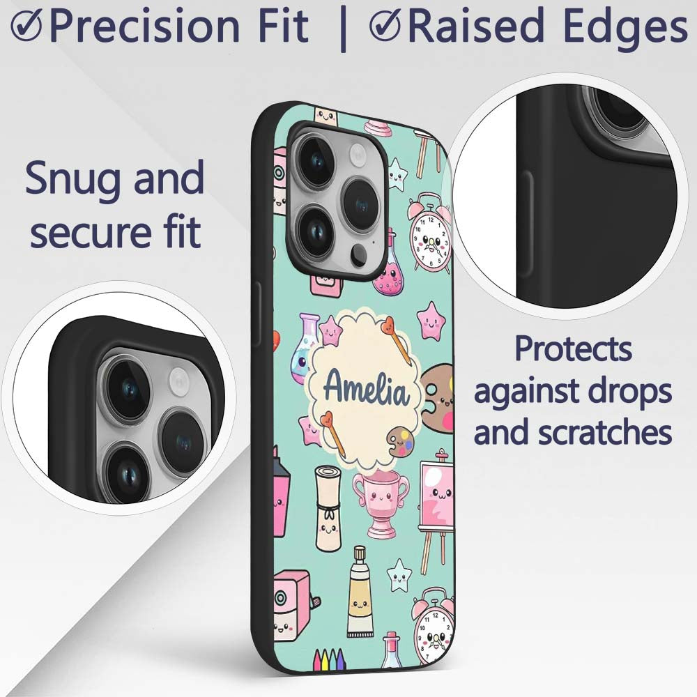 Cute Kawaii Graduate Boy Science Art Supplies Custom Name Protective Phone Case Mobile Cover Durable Everyday Smartphone Shock Resistant