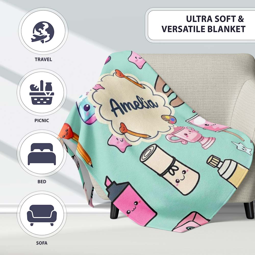 Cute Kawaii Graduate Boy Science Art Supplies Seamless Pattern Mint  Personalised Custom Name Super Soft Fleece Blanket Bed Sofa Throw