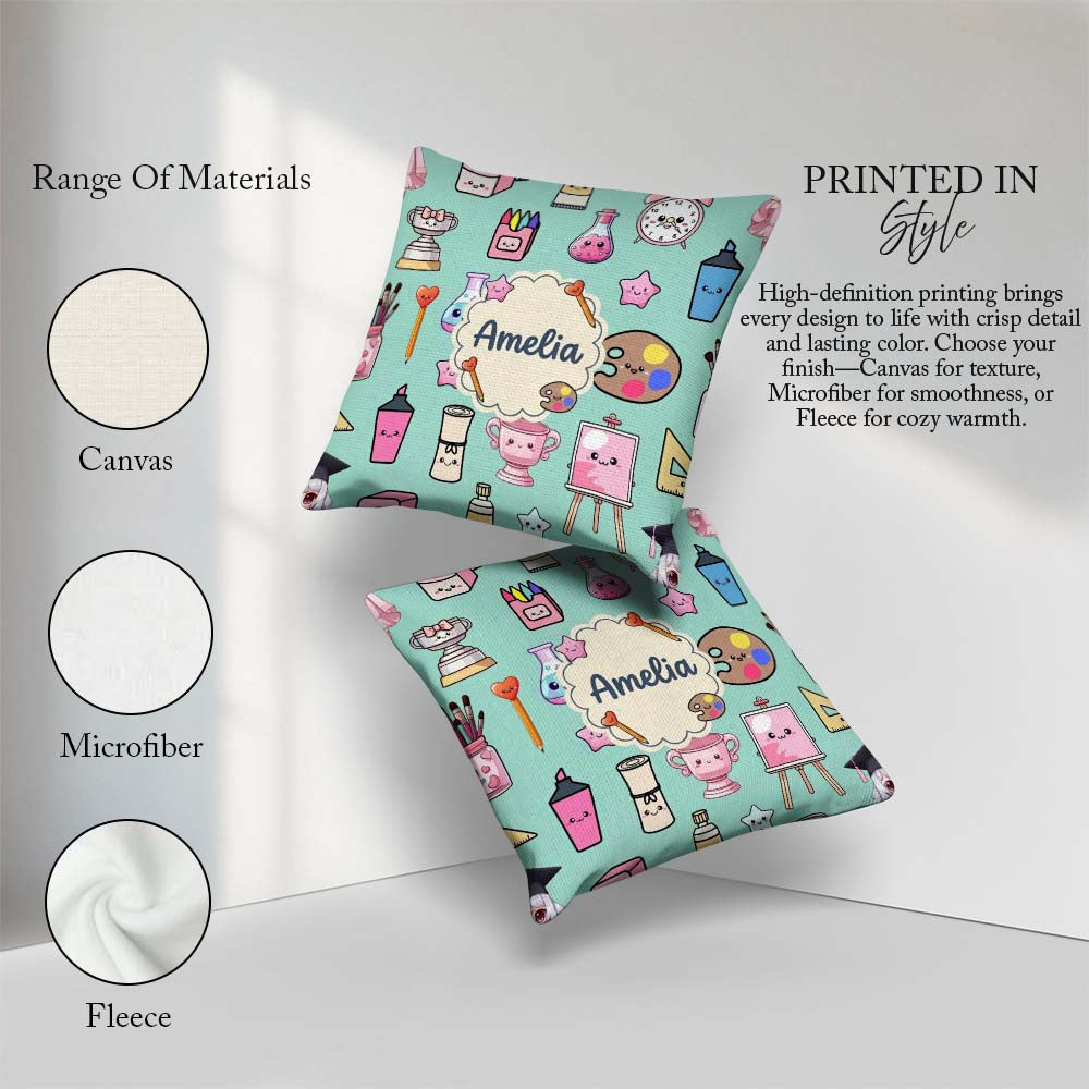 Custom Name Cute Graduate Boy Science Art Supplies Seamless Mint Square Filled Cushion Throw Pillow Sofa Bed Home Decor Zip Washable UK Made