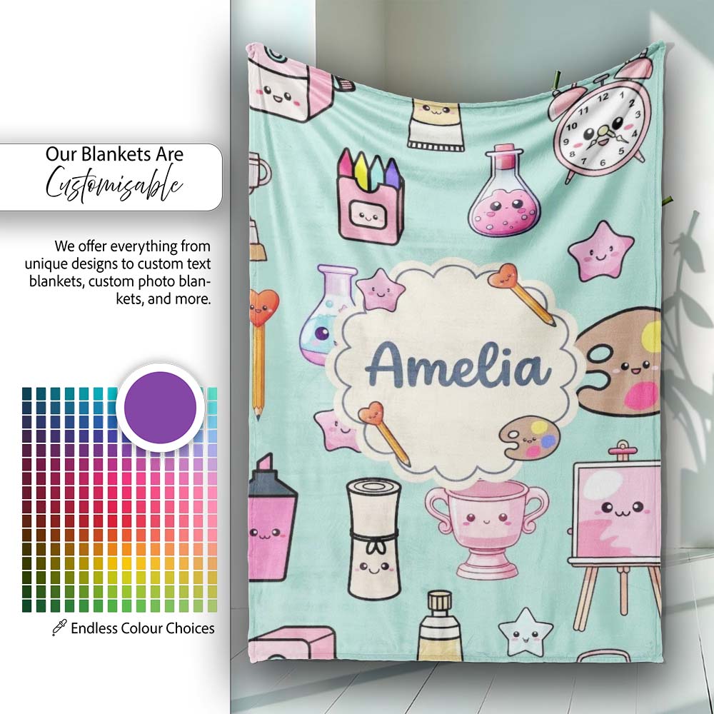 Cute Kawaii Graduate Boy Science Art Supplies Seamless Pattern Mint  Personalised Custom Name Super Soft Fleece Blanket Bed Sofa Throw