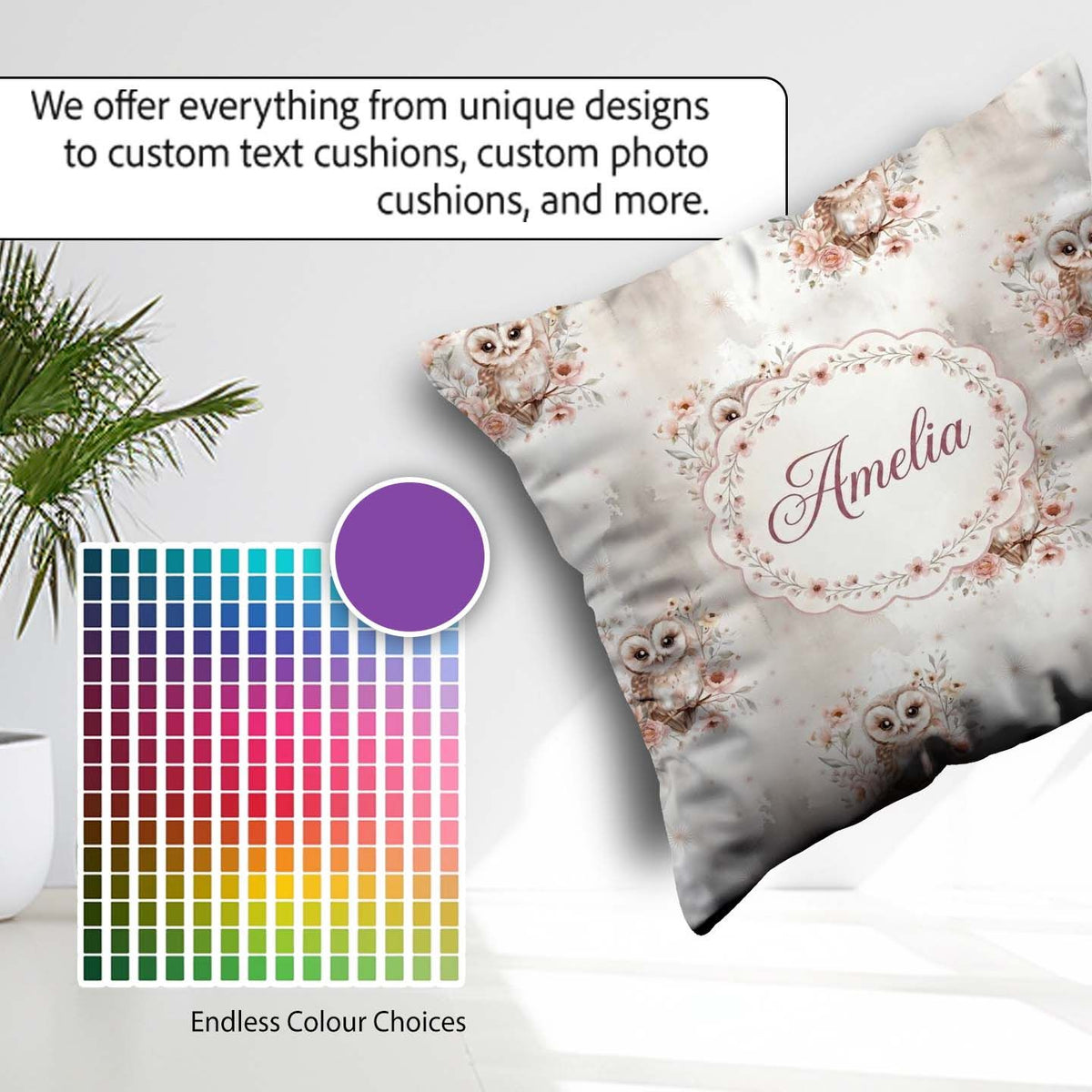 Custom Name Cute Owl Floral Pastel Nursery Seamless Pattern for Square Filled Cushion Throw Pillow Sofa Bed Home Decor Zip Washable UK Made