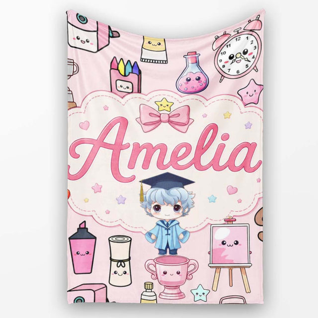 Cute Kawaii Graduate Boy Science Art Supplies Seamless Pattern Pink  Personalised Custom Name Super Soft Fleece Blanket Bed Sofa Throw