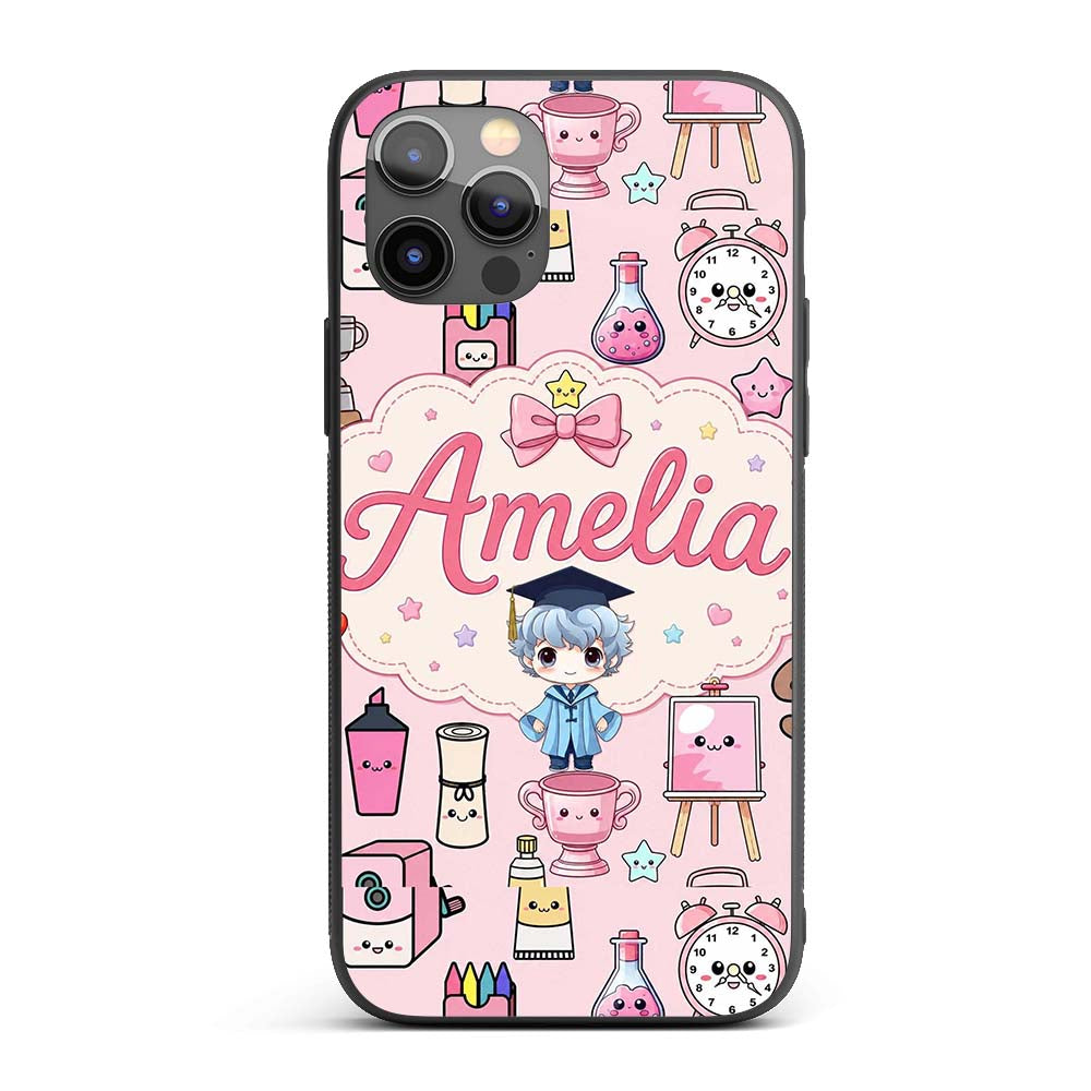 Cute Kawaii Graduate Boy Science Art Supplies Custom Name Protective Phone Case Mobile Cover Durable Everyday Smartphone Shock Resistant