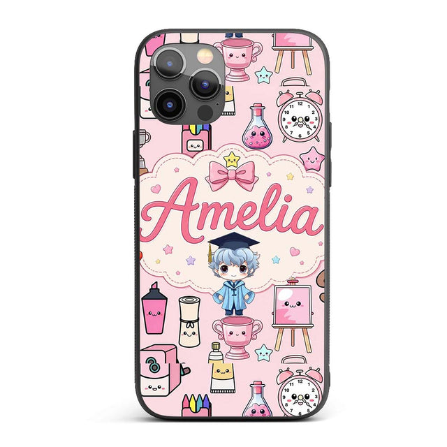 Cute Kawaii Graduate Boy Science Art Supplies Custom Name Protective Phone Case Mobile Cover Durable Everyday Smartphone Shock Resistant