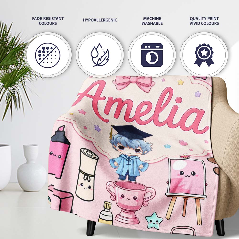 Cute Kawaii Graduate Boy Science Art Supplies Seamless Pattern Pink  Personalised Custom Name Super Soft Fleece Blanket Bed Sofa Throw