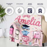 Cute Kawaii Graduate Boy Science Art Supplies Seamless Pattern Pink  Personalised Custom Name Super Soft Fleece Blanket Bed Sofa Throw