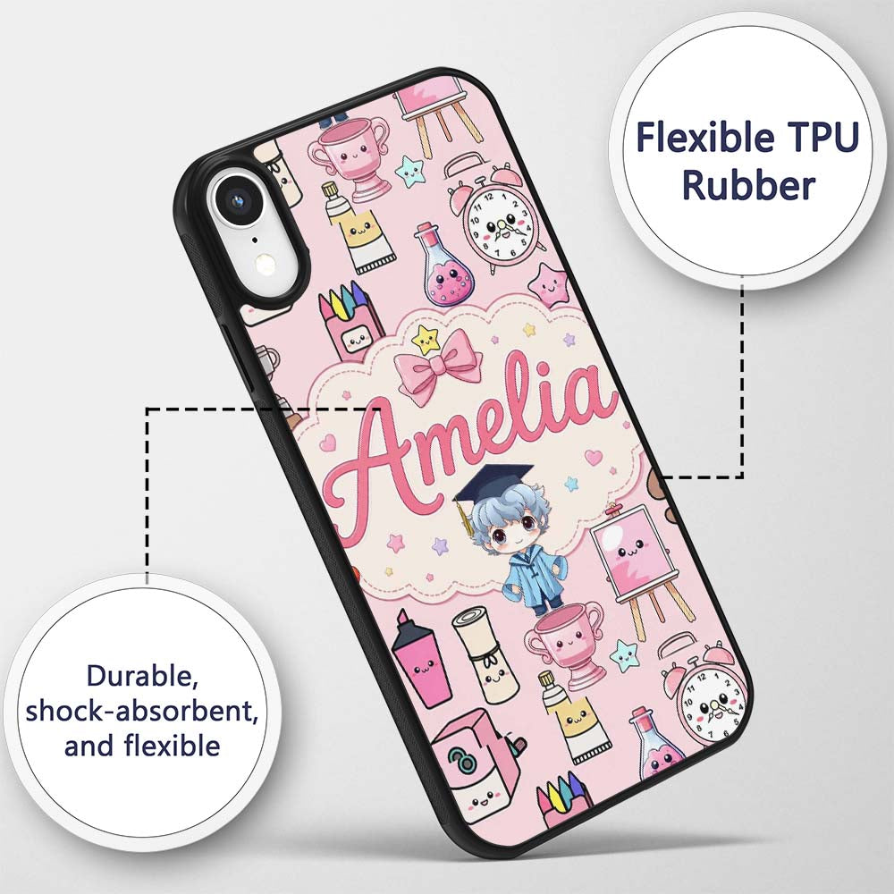 Cute Kawaii Graduate Boy Science Art Supplies Custom Name Protective Phone Case Mobile Cover Durable Everyday Smartphone Shock Resistant