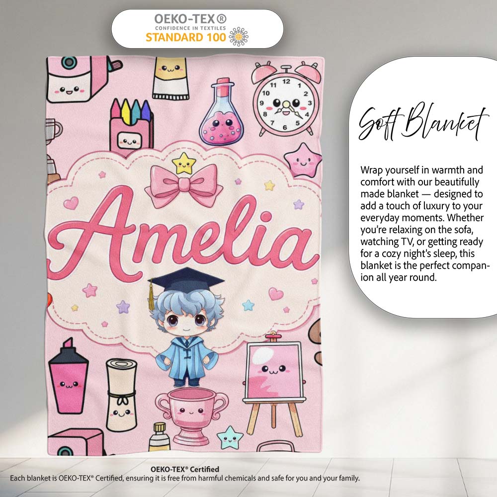Cute Kawaii Graduate Boy Science Art Supplies Seamless Pattern Pink  Personalised Custom Name Super Soft Fleece Blanket Bed Sofa Throw