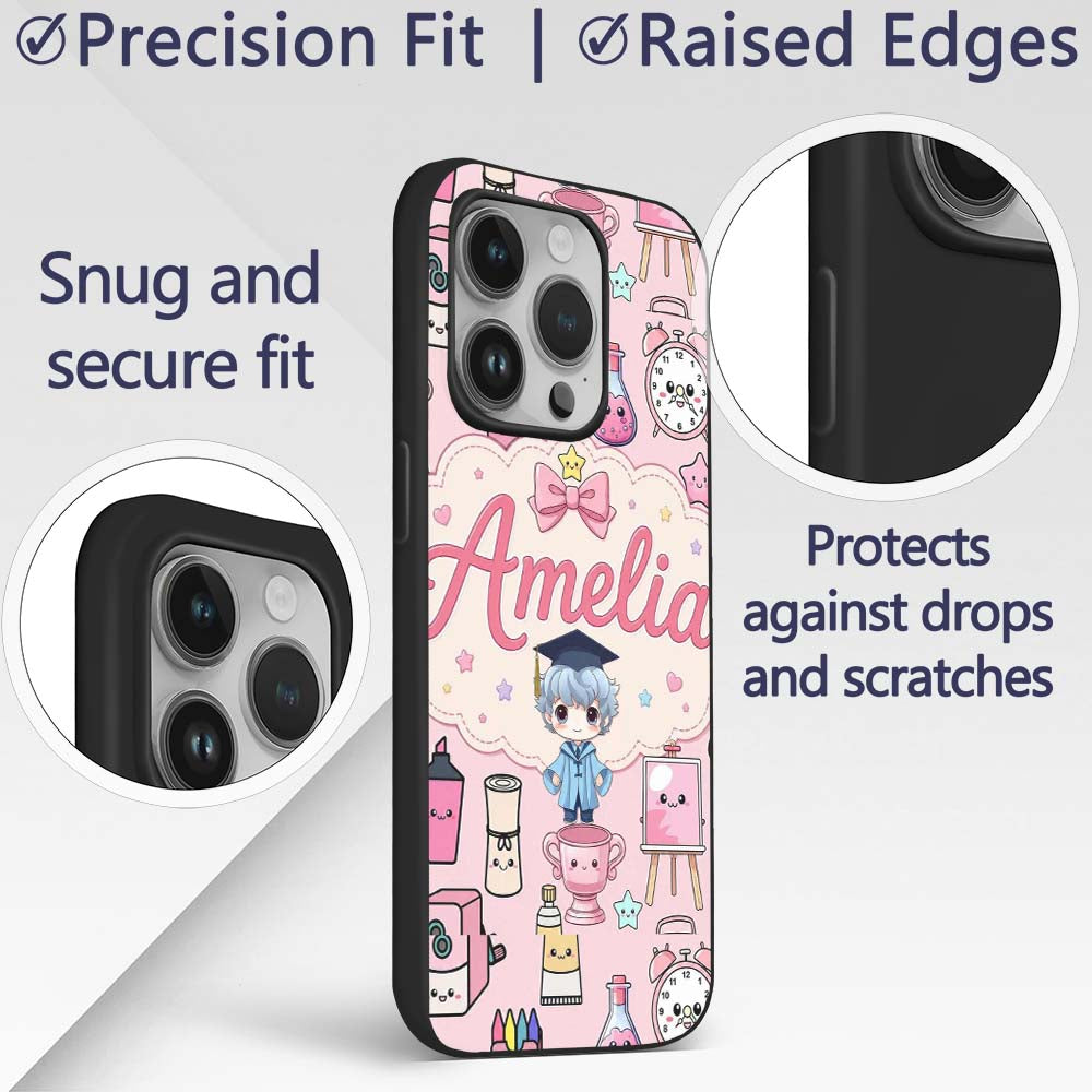 Cute Kawaii Graduate Boy Science Art Supplies Custom Name Protective Phone Case Mobile Cover Durable Everyday Smartphone Shock Resistant