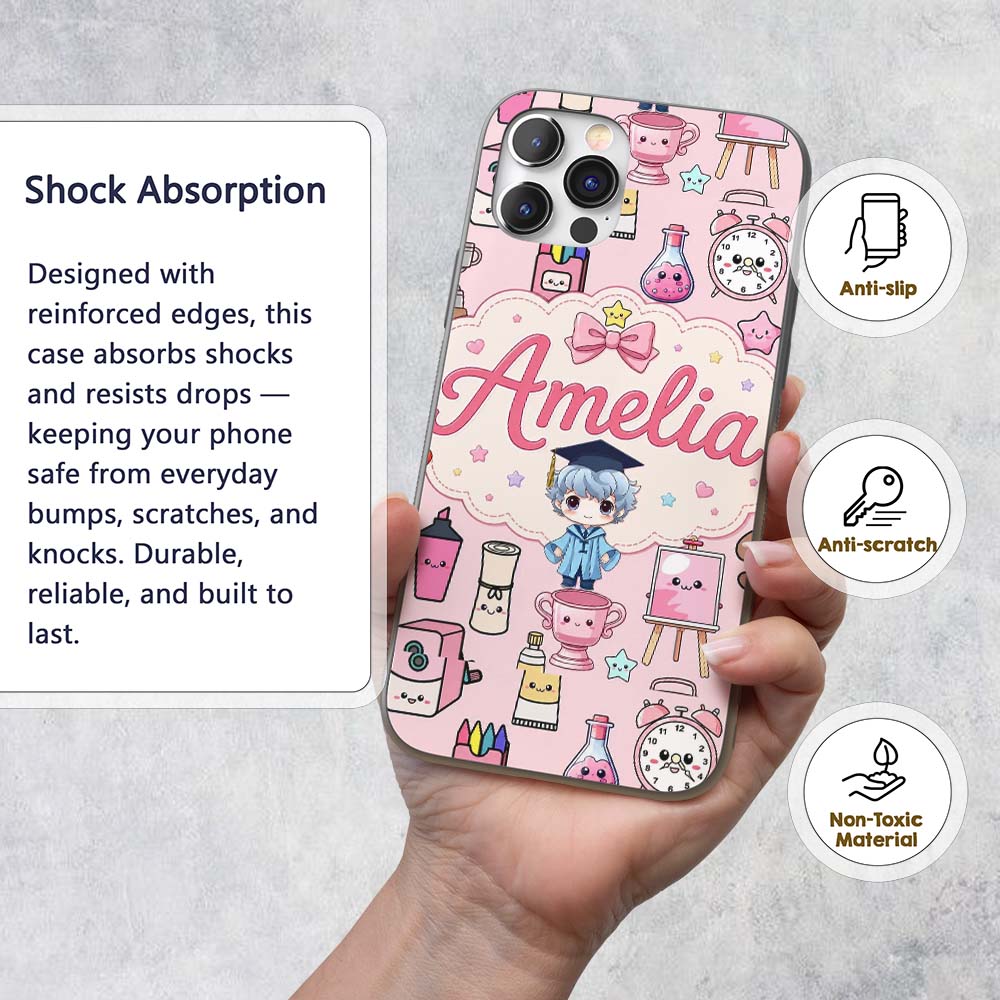 Cute Kawaii Graduate Boy Science Art Supplies Custom Name Protective Phone Case Mobile Cover Durable Everyday Smartphone Shock Resistant