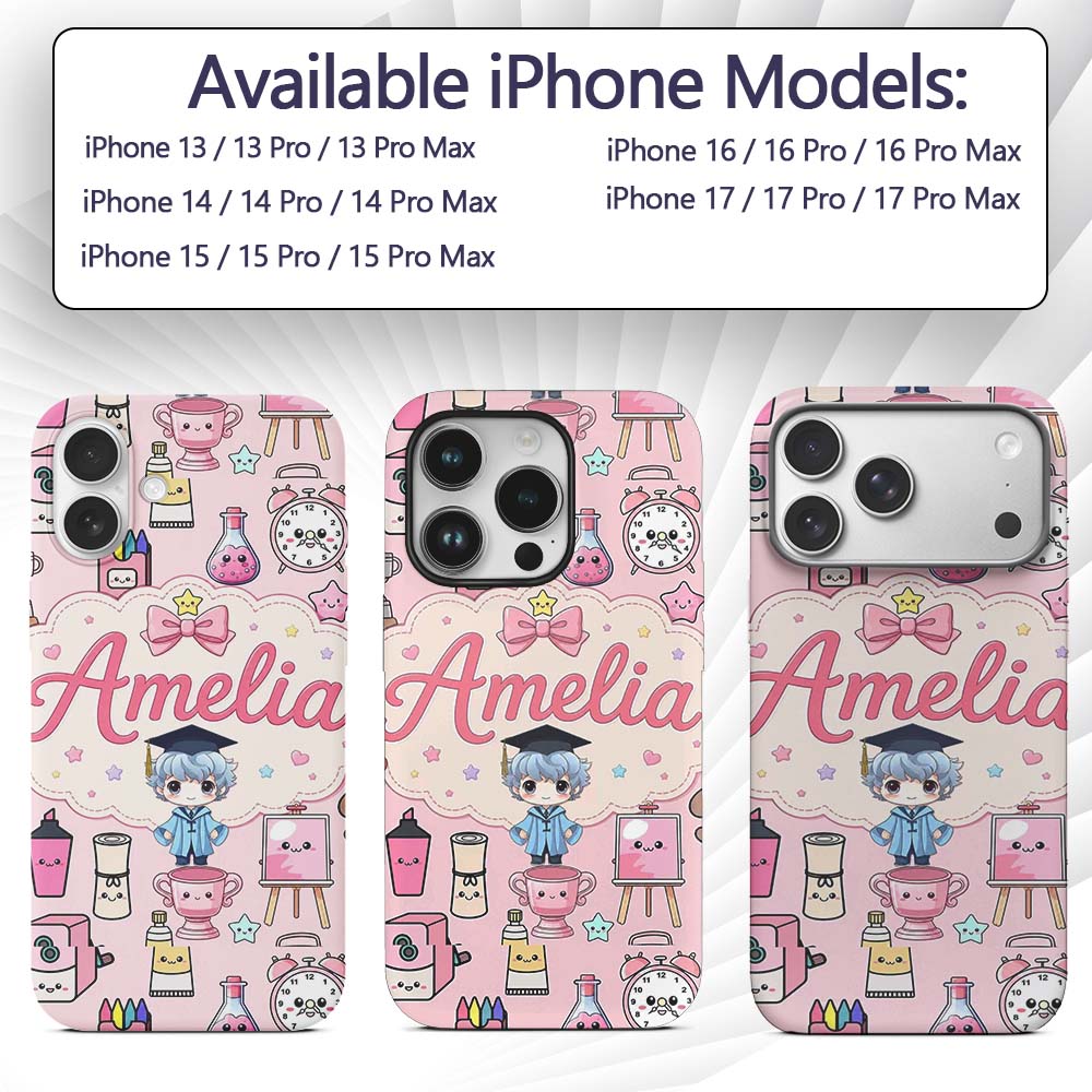 Cute Kawaii Graduate Boy Science Art Supplies Custom Name Protective Phone Case Mobile Cover Durable Everyday Smartphone Shock Resistant
