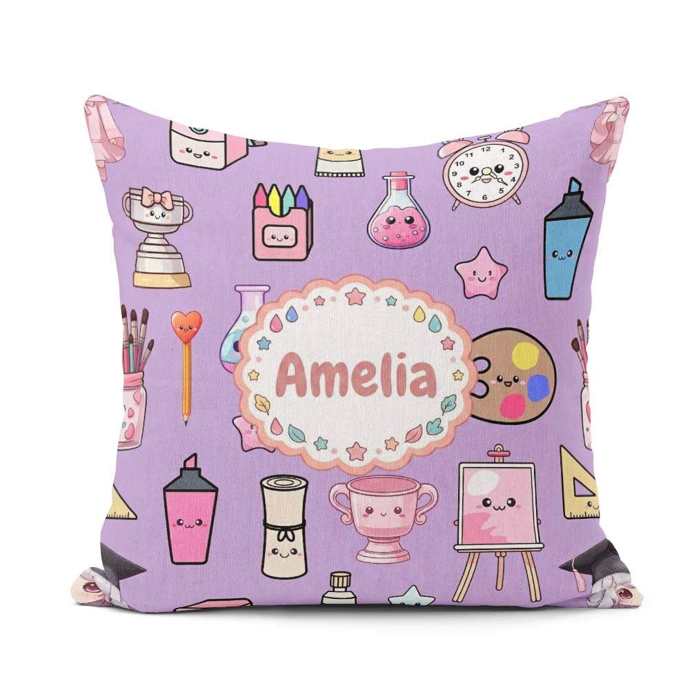 Custom Name Kawaii Graduation School Science Art Supplies Purple Square Filled Cushion Throw Pillow Sofa Bed Home Decor Zip Washable UK Made