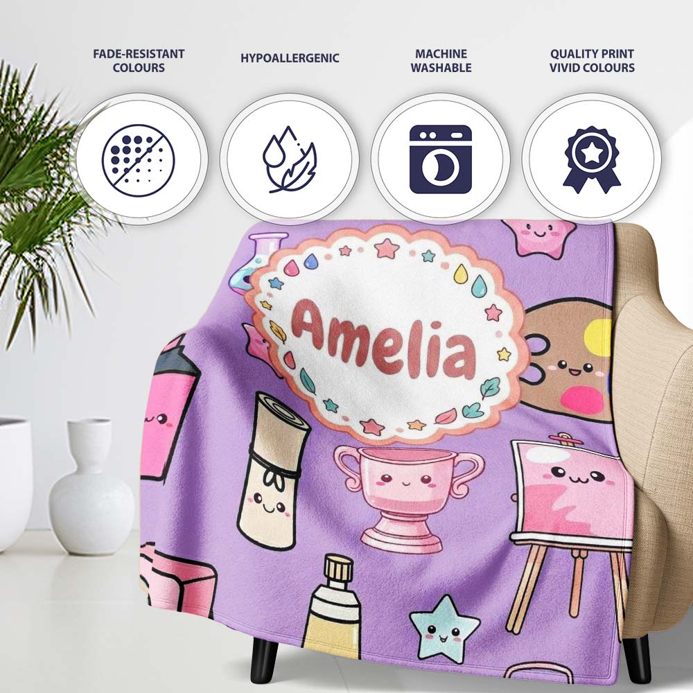 Cute Kawaii Graduation School Science Art Supplies Pattern Purple  Personalised Custom Name Super Soft Fleece Blanket Bed Sofa Throw