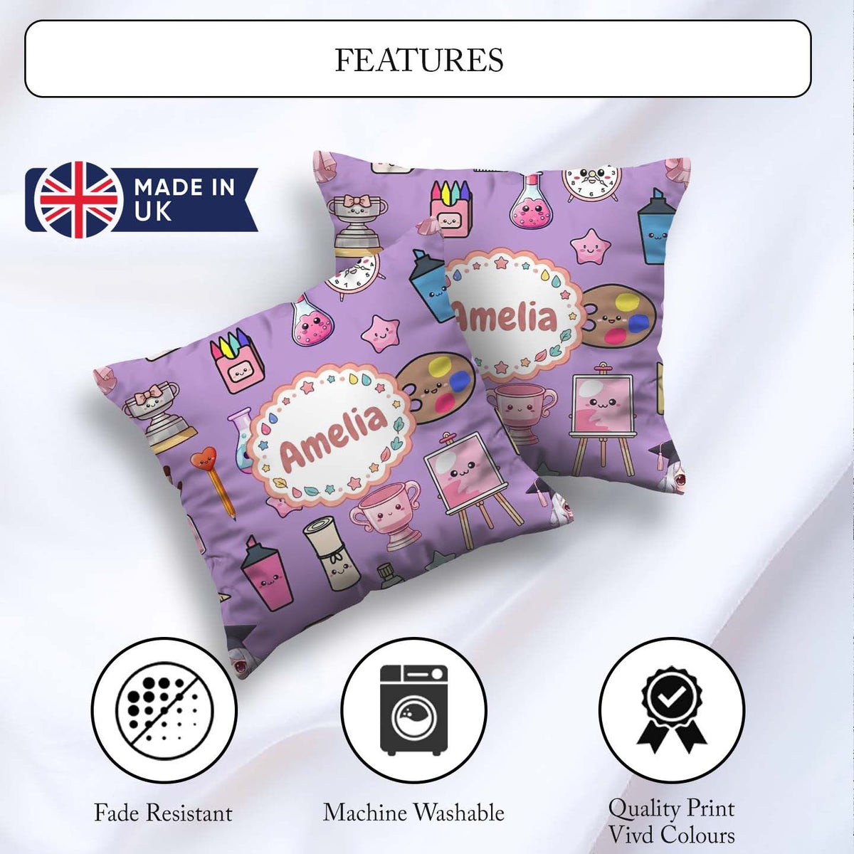 Custom Name Kawaii Graduation School Science Art Supplies Purple Square Filled Cushion Throw Pillow Sofa Bed Home Decor Zip Washable UK Made