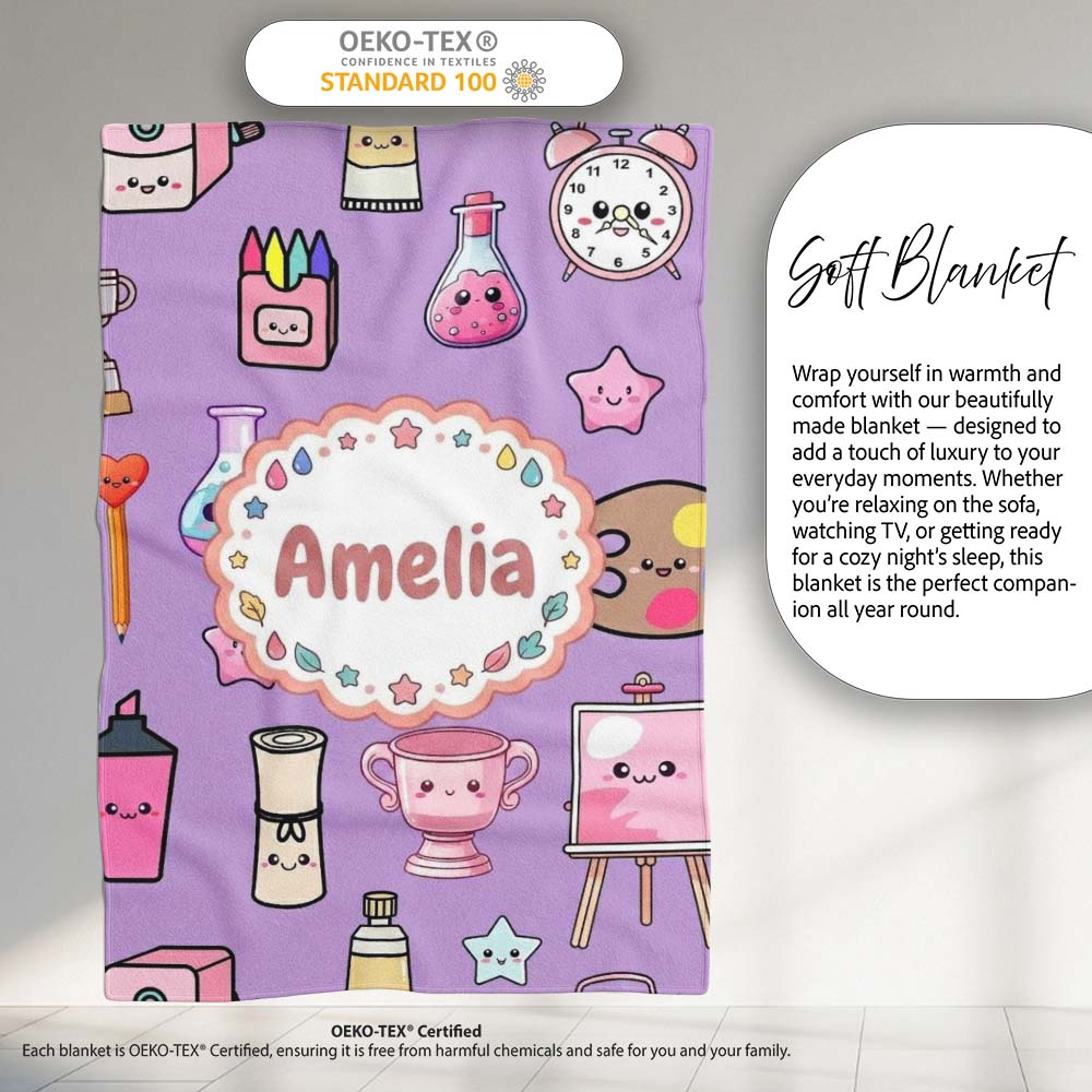 Cute Kawaii Graduation School Science Art Supplies Pattern Purple  Personalised Custom Name Super Soft Fleece Blanket Bed Sofa Throw