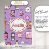 Cute Kawaii Graduation School Science Art Supplies Pattern Purple  Personalised Custom Name Super Soft Fleece Blanket Bed Sofa Throw