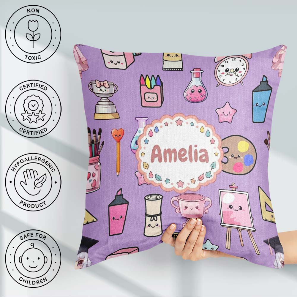 Custom Name Kawaii Graduation School Science Art Supplies Purple Square Filled Cushion Throw Pillow Sofa Bed Home Decor Zip Washable UK Made