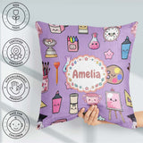 Custom Name Kawaii Graduation School Science Art Supplies Purple Square Filled Cushion Throw Pillow Sofa Bed Home Decor Zip Washable UK Made