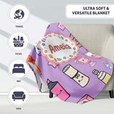 Cute Kawaii Graduation School Science Art Supplies Pattern Purple  Personalised Custom Name Super Soft Fleece Blanket Bed Sofa Throw