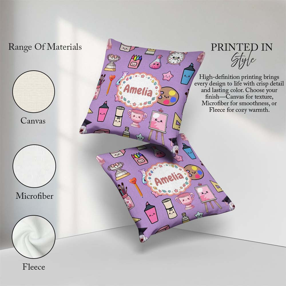 Custom Name Kawaii Graduation School Science Art Supplies Purple Square Filled Cushion Throw Pillow Sofa Bed Home Decor Zip Washable UK Made