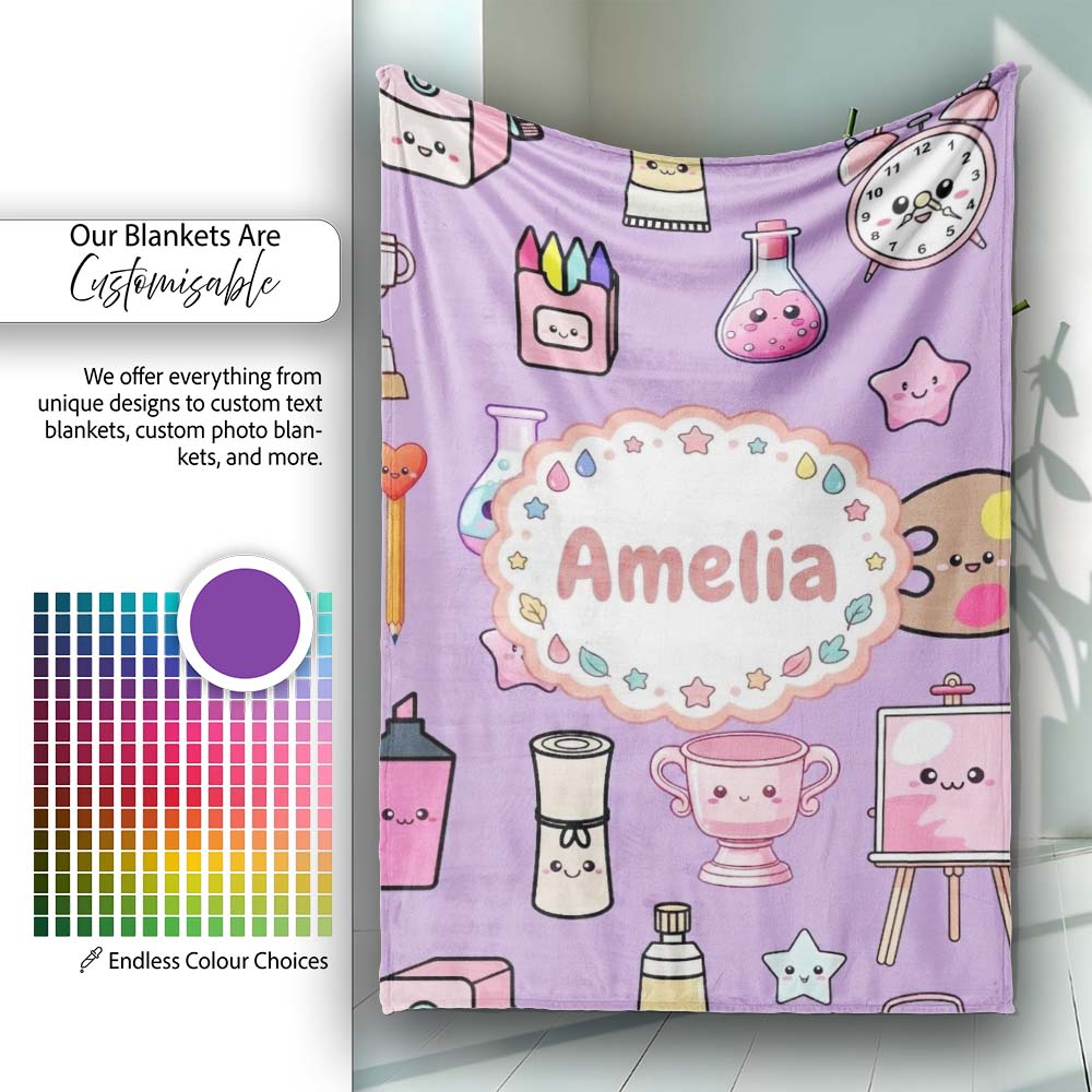 Cute Kawaii Graduation School Science Art Supplies Pattern Purple  Personalised Custom Name Super Soft Fleece Blanket Bed Sofa Throw