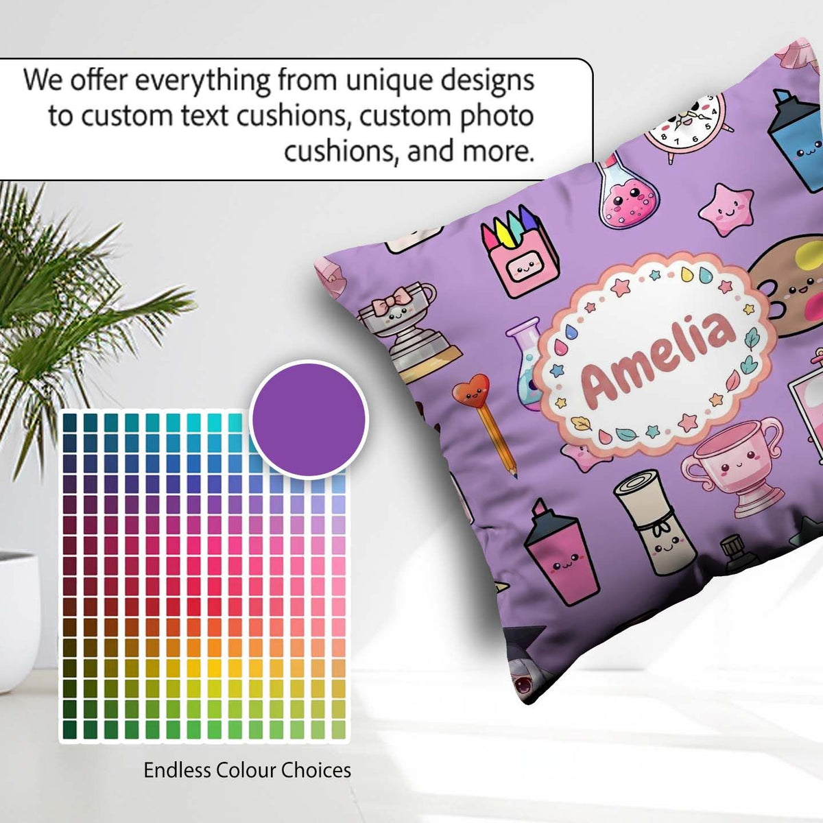 Custom Name Kawaii Graduation School Science Art Supplies Purple Square Filled Cushion Throw Pillow Sofa Bed Home Decor Zip Washable UK Made