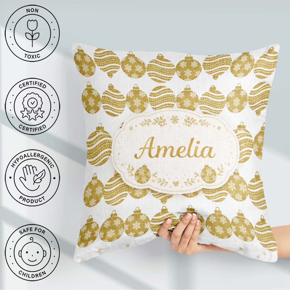 Custom Name Gold Baubles Glitter Festive Seamless Pattern Lovely Square Filled Cushion Throw Pillow Sofa Bed Home Decor Zip Washable UK Made