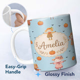 Personalized Custom Name Cute Autumn Scarecrow Pumpkin Birds Seamless Pattern Blue Background 11oz Ceramic Coffee Tea Mug White Large Handle