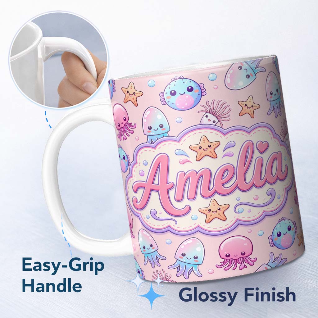 Personalized Custom Name Kawaii Jellyfish Puffer Fish Starfish Pastel Ocean Creatures Pink 11oz Ceramic Coffee Tea Mug White Large Handle