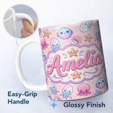 Personalized Custom Name Kawaii Jellyfish Puffer Fish Starfish Pastel Ocean Creatures Pink 11oz Ceramic Coffee Tea Mug White Large Handle