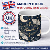 Personalized Custom Name Mystical Tree Moon Stars Celestial Forest Seamless Pattern Lovely 11oz Ceramic Coffee Tea Mug White Large Handle