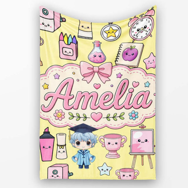Cute Kawaii Graduation School Science Art Supplies Pattern Yellow  Personalised Custom Name Super Soft Fleece Blanket Bed Sofa Throw