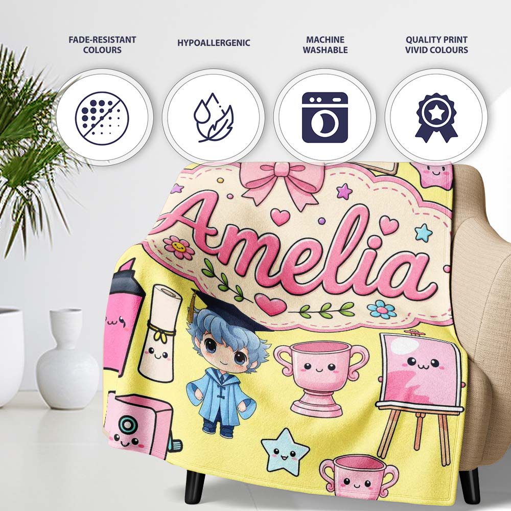 Cute Kawaii Graduation School Science Art Supplies Pattern Yellow  Personalised Custom Name Super Soft Fleece Blanket Bed Sofa Throw