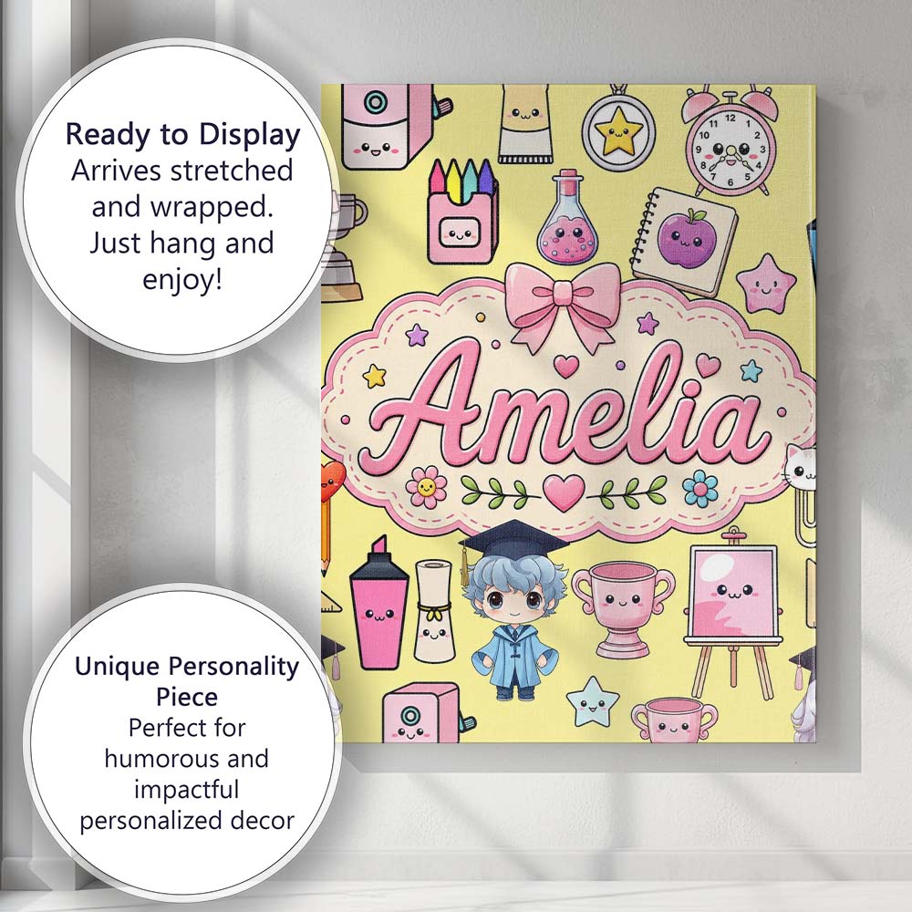 Personalised Name Cute Kawaii Graduation Custom  Unique Gift Idea Elegant Feature Canvas Wall Art Print Decor Picture Ready to Hang