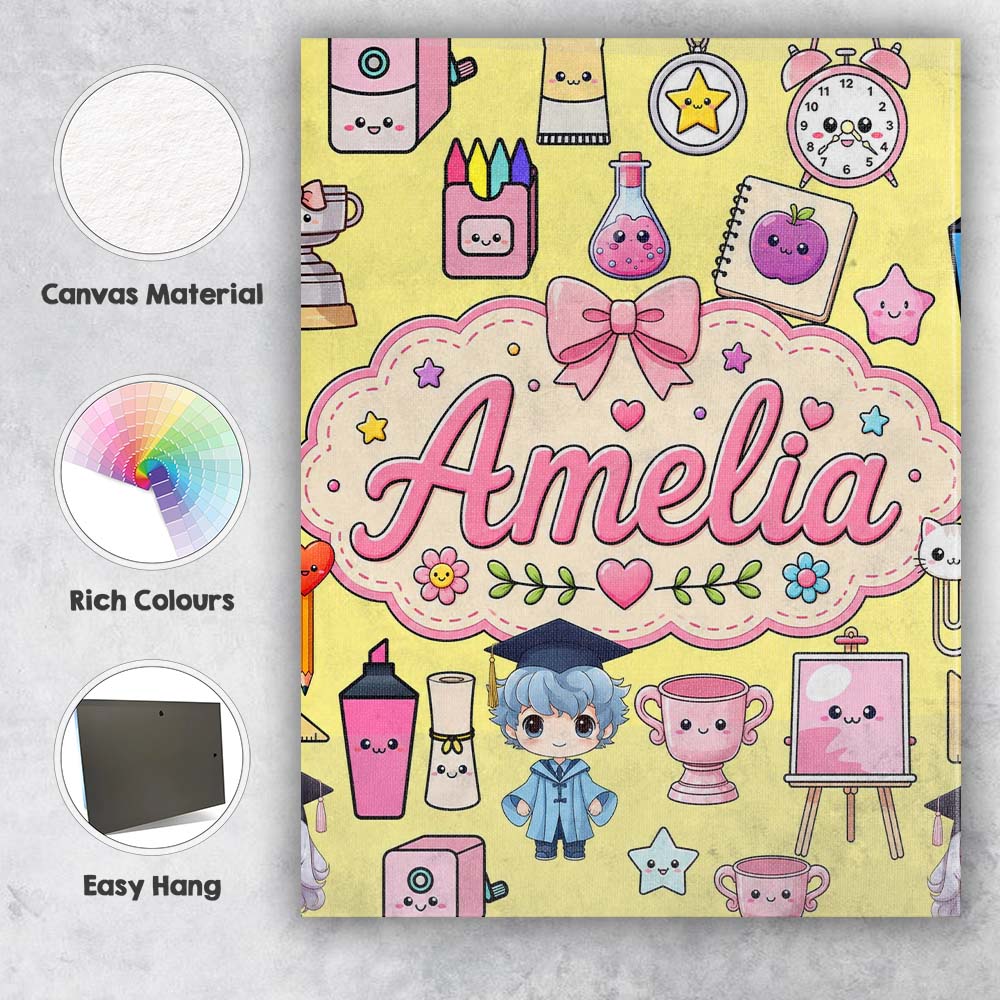 Personalised Name Cute Kawaii Graduation Custom  Unique Gift Idea Elegant Feature Canvas Wall Art Print Decor Picture Ready to Hang