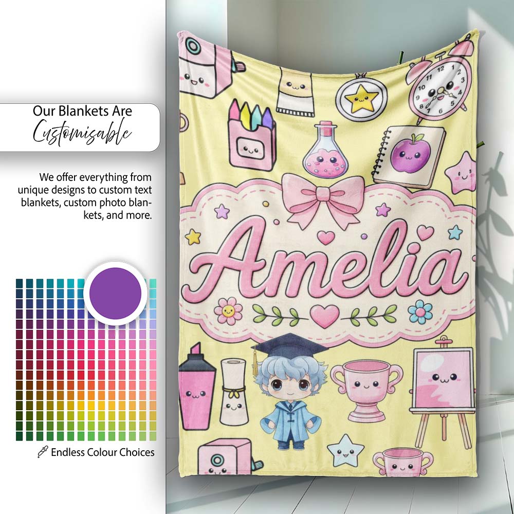 Cute Kawaii Graduation School Science Art Supplies Pattern Yellow  Personalised Custom Name Super Soft Fleece Blanket Bed Sofa Throw